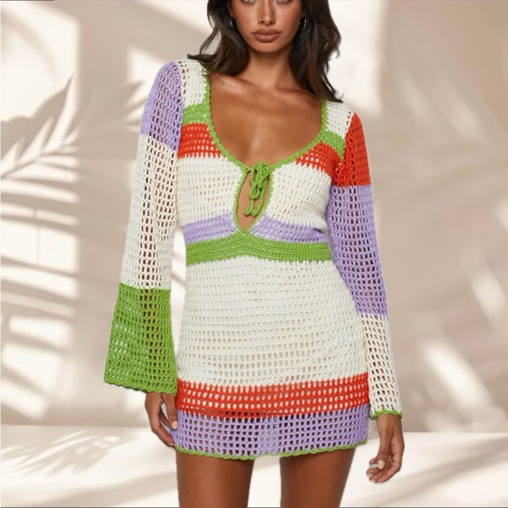 DONOVAN Stripe Crochet Mini Dresss in White Green Purple Orange